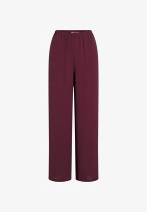Pantalons larges bordeaux avec une taille élastique, fabriqués à partir d'un tissu léger et lisse, présentant une coupe décontractée et sans poches.