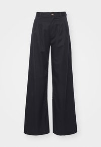 Pantalons larges noirs à taille haute, avec des plis, une fermeture à bouton à l'avant et un tissu léger et lisse.