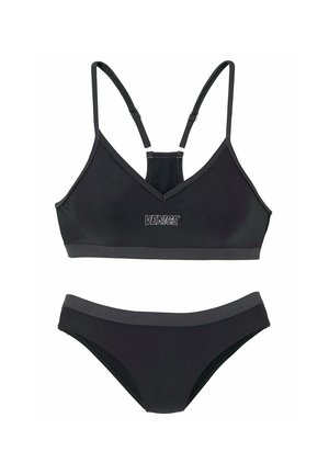 Black two-piece bikini with adjustable straps on top and "Venice Beach" text printed on front center of the top piece.