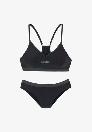 Black two-piece bikini with adjustable straps on top and "Venice Beach" text printed on front center of the top piece.