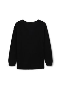 Maglione nero a maglia con maniche lunghe, scollatura ampia e finitura testurizzata. La parte posteriore è liscia e priva di decorazioni.