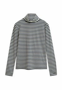 Langsleeve turtleneckshirt met marineblauwe en witte horizontale strepen, met een klein merkimpressie op de linkermouwmanchet.