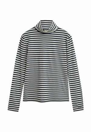 Langsleeve turtleneckshirt met marineblauwe en witte horizontale strepen, met een klein merkimpressie op de linkermouwmanchet.