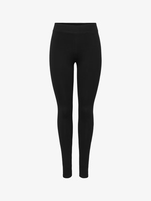 Leggings neri a vita alta e lunghezza completa, con una fascia in vita liscia e polsini aderenti alla caviglia, mostrati su uno sfondo bianco uniforme.
