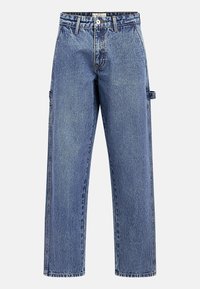 Jean en denim bleu droit avec fermeture par bouton et fermeture éclair, passants de ceinture et petite boucle pour outil sur le côté droit.