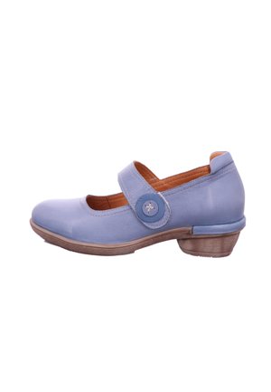Blauer Mary-Jane-Schuh aus Leder mit rundem Zehenbereich, einer Knopfapplikation und niedrigem Holzabsatz. Verfügt über einen Klettverschluss.