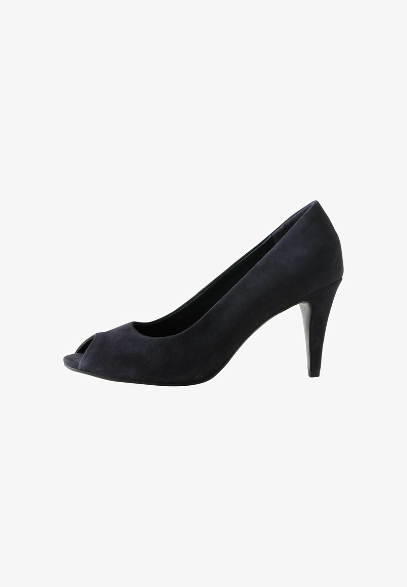 Scarpa nera in suede con apertura sulla punta e tacco alto, con tacco sottile e finitura liscia, mostrata dal lato sinistro su uno sfondo bianco.