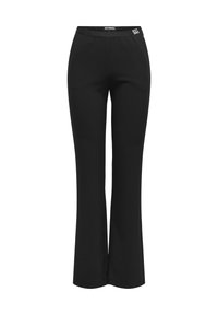 Zwarte uitlopende broek met een elastische tailleband. Gemaakt van gladde, rekbare stof. Kenmerkt de merknaam "EXTEND." op de tailleband.