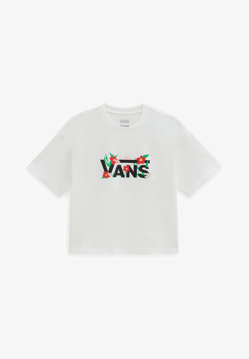 Valkoinen puuvillainen T-paita, jossa on löysä istuvuus. Edessä musta ja värikäs kukkakuvioinen "VANS" -logo. Lyhyet hihat, pyöreä kaula-aukko.