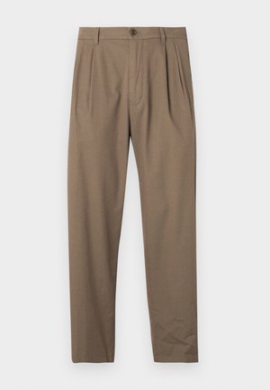 Braune plissierte Hose aus weichem Material, mit einem Front-Reißverschluss und Knopfverschluss, geradem Bein-Design und glatter Oberfläche.