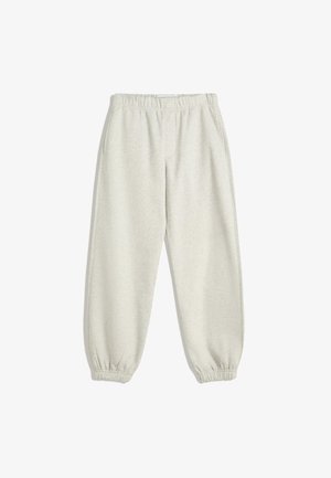 Light gray sweatpants made of soft fabric, featuring an elastic waistband and ribbed cuffs. Includes side pockets for storage.
