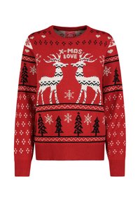 Roter Strickpullover mit festlichem Design, weißem Rentier, Schneeflocken, Bäumen und dem Schriftzug "X-MAS LOVE" in Schwarz.
