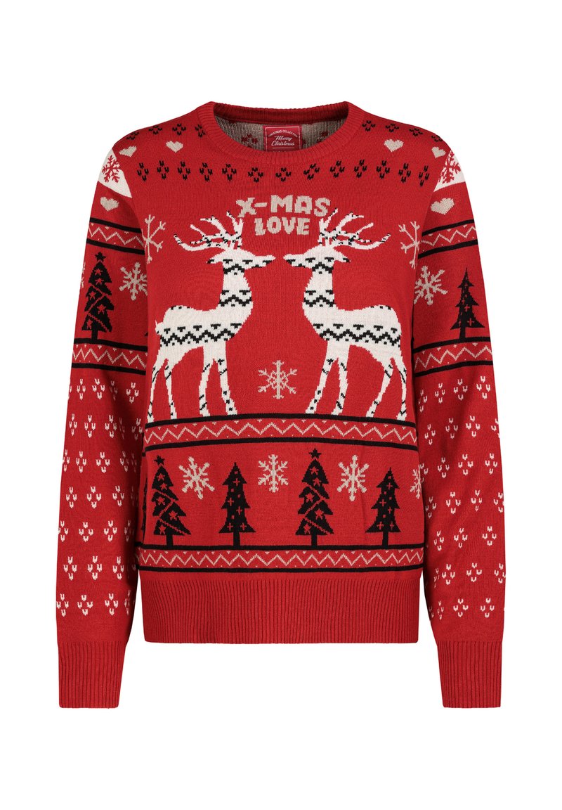 Roter Strickpullover mit festlichem Design, weißem Rentier, Schneeflocken, Bäumen und dem Schriftzug "X-MAS LOVE" in Schwarz.