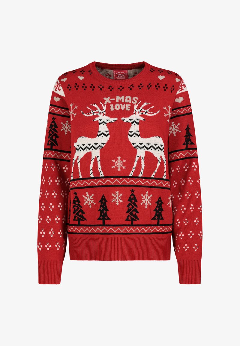Roter Strickpullover mit festlichem Design, weißem Rentier, Schneeflocken, Bäumen und dem Schriftzug "X-MAS LOVE" in Schwarz.