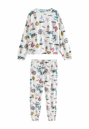 Two-piece pajama set featuring white fabric with a nautical print of lighthouses, anchors, and sailing boats in pink, blue, and yellow colors.