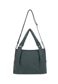 Donkergroene faux leren handtas met een gestructureerd lichaam, dubbele hengsels, verstelbare schouderband en een gladde textuur.