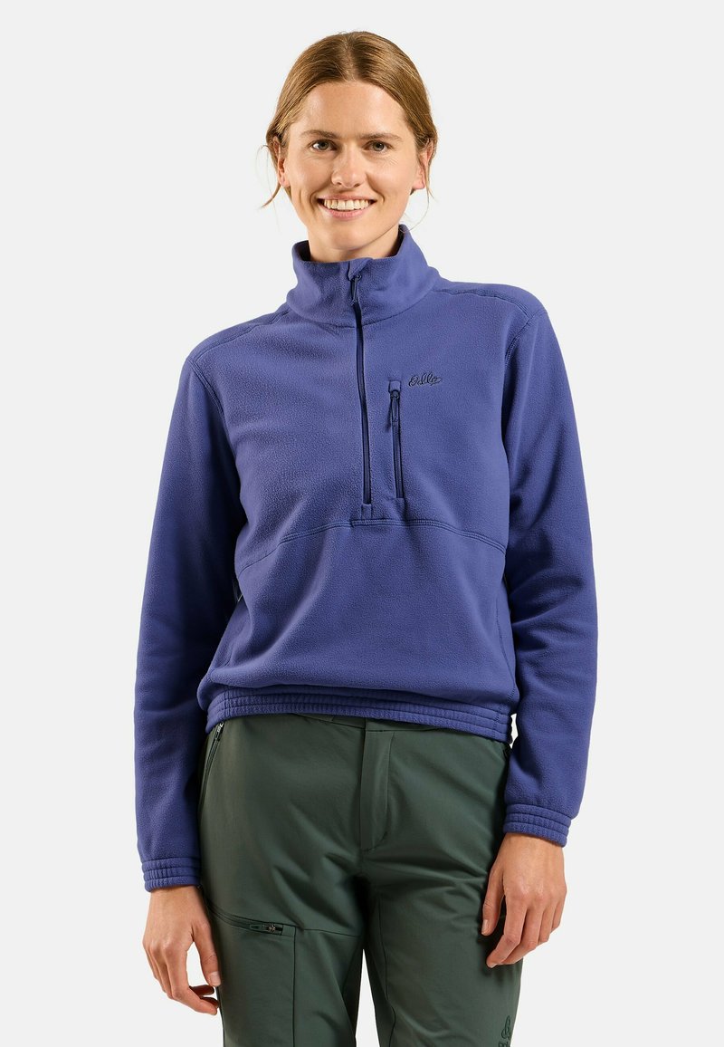 Fleece pullover in vibrant purple with a high collar, half-zip front, and a chest pocket. Features ribbed cuffs and hem for a snug fit.