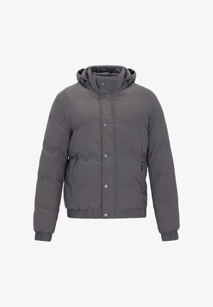 Šedá prošívaná bunda s kapucí, vybavená kapsou na zip, cvočky a elastickými manžetami. Design obsahuje zkrácený lem a prošívanou strukturu.