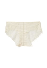 Biancheria intima beige con rifiniture in pizzo, dotata di un davanti liscio e bordi ondulati. Tessuto morbido con accenti di motivo floreale sui lati.