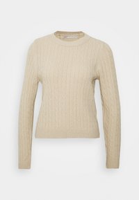 Maglione beige lavorato a maglia con motivo a trecce, colletto rotondo, maniche lunghe e bordo e polsini a costine. Texture morbida, vestibilità standard.