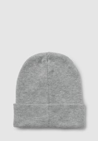 Berretto a maglia grigio con risvolto, realizzato in materiale morbido. Presenta una parte superiore senza cuciture e un motivo in tessuto testurizzato.