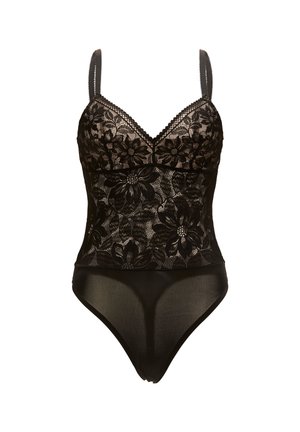 Sort lace bodysuit med blomsterdesign, V-halsudskæring, justerbare stropper og en gennemsigtig bund. Stoffet har en blød, tekstureret overflade.