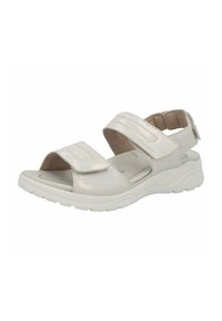 Light silver sandals with two adjustable Velcro straps, open-toe design, and cushioned sole featuring a wavy pattern. Soft texture throughout.