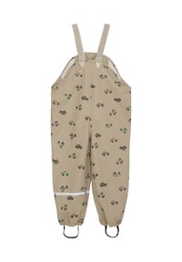 Salopettes imperméables beige avec des motifs de véhicules, bretelles ajustables, poignets élastiques et accents réfléchissants sur les jambes pour plus de visibilité.