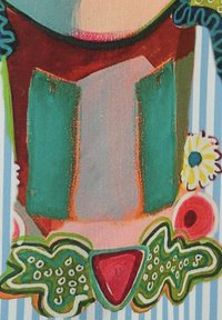 Bunt gemustertes Textil mit einer Mischung aus abstrakten Formen. Enthält grüne und rote Akzente, florale Muster und einen gestreiften Hintergrund. Weiche Textur.