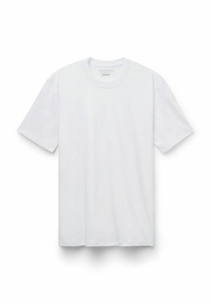 Weißes T-Shirt mit kurzen Ärmeln aus hochwertiger Baumwolle, mit rundem Halsausschnitt und lockerer Passform, ohne sichtbare Muster oder Designs.