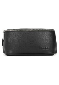 Custodia in pelle nera con finitura testurizzata, chiusura con zip e un logo minimal embossed sul lato. Forma compatta e rettangolare.