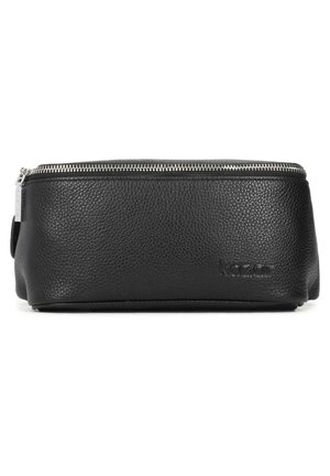 Custodia in pelle nera con finitura testurizzata, chiusura con zip e un logo minimal embossed sul lato. Forma compatta e rettangolare.