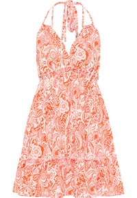 Orangenes und weißes blumengemustertes Kleid mit Halterneck, elastischem Bund und Rüschensaum. Leichter Stoff mit fließendem Design.