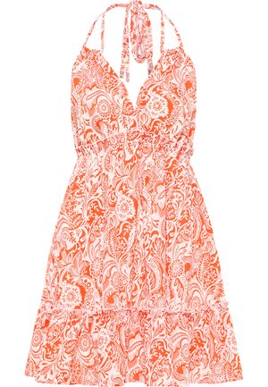 Oranssi ja valkoinen kukkakuosinen mekko, jossa on halterneck-kaula-aukko, joustava vyötärö ja röyhelöhelma. Kevyt kangas, jossa on läpivirtava muotoilu.