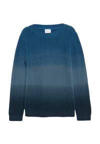 Niebieski sweter dzianinowy z teksturowanym wzorem, okrągłym dekoltem i długimi rękawami, przechodzący od ciemnego do jasnego koloru.