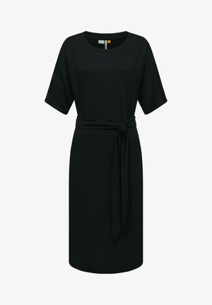 Schwarzes knielanges Kleid aus weichem Stoff, mit kurzen Ärmeln, rundem Ausschnitt und einem gebundenen Taillengürtel zur Definition der Silhouette.