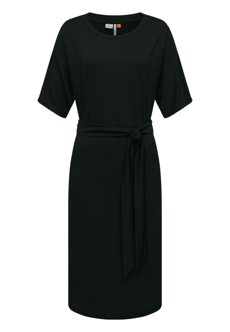 Black knee-length dress made of soft fabric, featuring short sleeves, a round neckline, and a tied waist belt for shape definition.