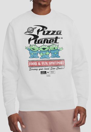 Weißes Sweatshirt mit dem Schriftzug "Pizza Planet", drei grünen Außerirdischen in blauen Anzügen und dem Slogan "Food & Fun Spaceport" auf der Vorderseite.