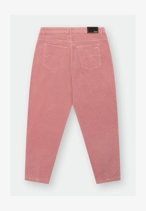 Pink corduroy pants with a tapered fit, featuring two back pockets and a textured surface. A black branded belt tag is visible.