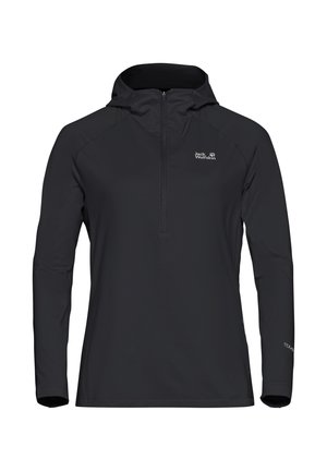 Pull à capuche noir avec un zip quart sur le devant. Fabriqué en matériau léger, doté d'un logo sur la poitrine et de manches longues.