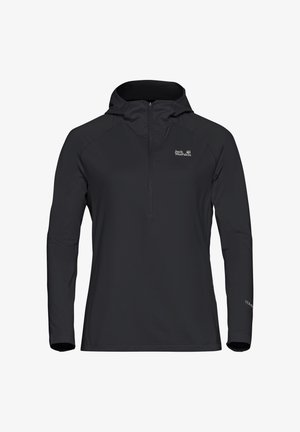 Pullover con cappuccio nero e zip a un quarto sul davanti. Realizzato in materiale leggero, presenta un logo sul petto e maniche lunghe.