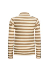 Maglia a manica lunga in tessuto a coste, con strisce orizzontali di colore beige chiaro e marrone, colletto alto e maniche aderenti.