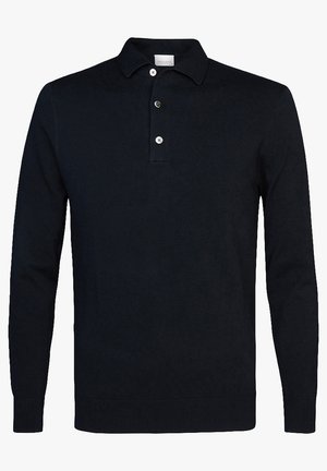 Marineblauer Langarm-Polo-Pullover aus weichem Strickmaterial mit Kragen, Drei-Knopf-Leiste und gerippten Bündchen und Saum.