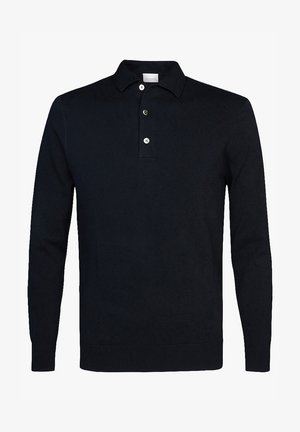 Marineblauer Langarm-Polo-Pullover aus weichem Strickmaterial mit Kragen, Drei-Knopf-Leiste und gerippten Bündchen und Saum.