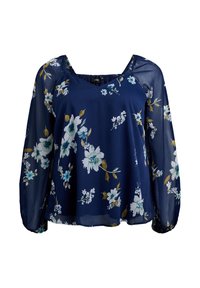 Blusa blu navy realizzata in tessuto trasparente con maniche lunghe a sbuffo, caratterizzata da un motivo floreale in bianco, blu chiaro e accenti gialli.