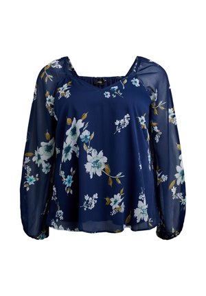 Navy blue blouse made of sheer fabric with long puffed sleeves, featuring a floral pattern in white, light blue, and yellow accents.