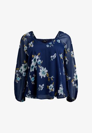 Navi blaue Bluse aus durchscheinendem Stoff mit langen Puffärmeln, die ein Blumendesign in Weiß, Hellblau und gelben Akzenten aufweist.