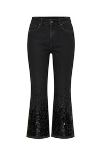 Jeans svasati in denim nero con dettagli scintillanti di paillettes sui polsini, caratterizzati da un classico design a cinque tasche e chiusura con bottone.