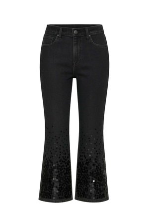 Jeans svasati in denim nero con dettagli scintillanti di paillettes sui polsini, caratterizzati da un classico design a cinque tasche e chiusura con bottone.