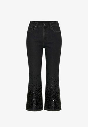 Jeans svasati in denim nero con dettagli scintillanti di paillettes sui polsini, caratterizzati da un classico design a cinque tasche e chiusura con bottone.